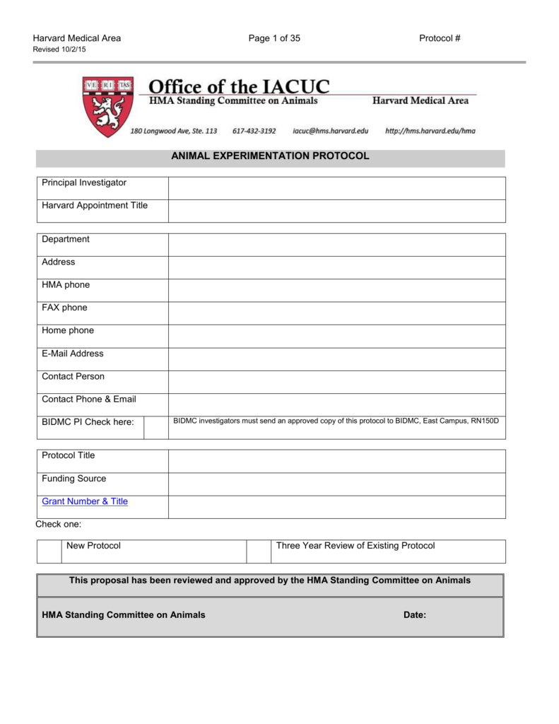 Animal Experimentation Protocol Form