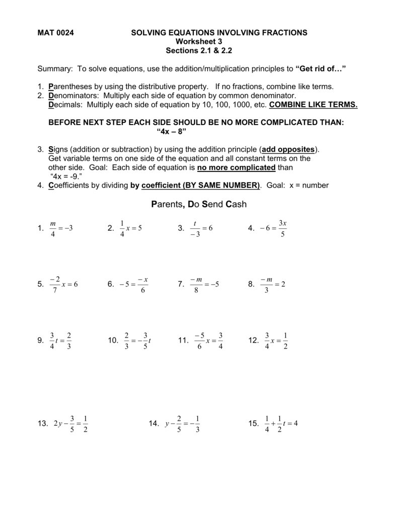 SOLVING EQUATIONS INVOLVING FRACTIONS Within Distributive Property Equations Worksheet