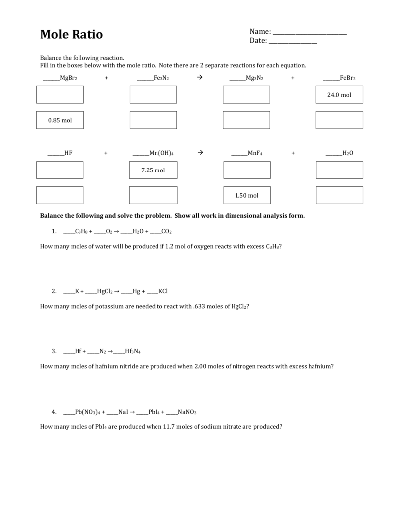 Worksheet The Mole Ratio