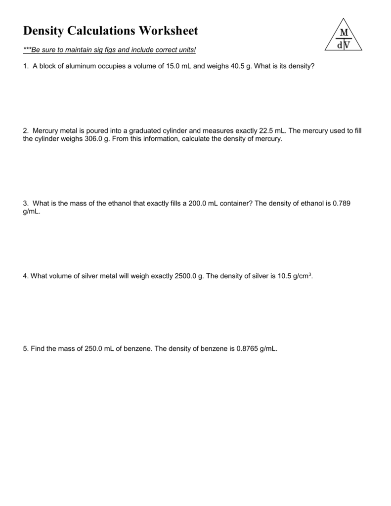 Density Worksheet Intended For Density Calculations Worksheet 1