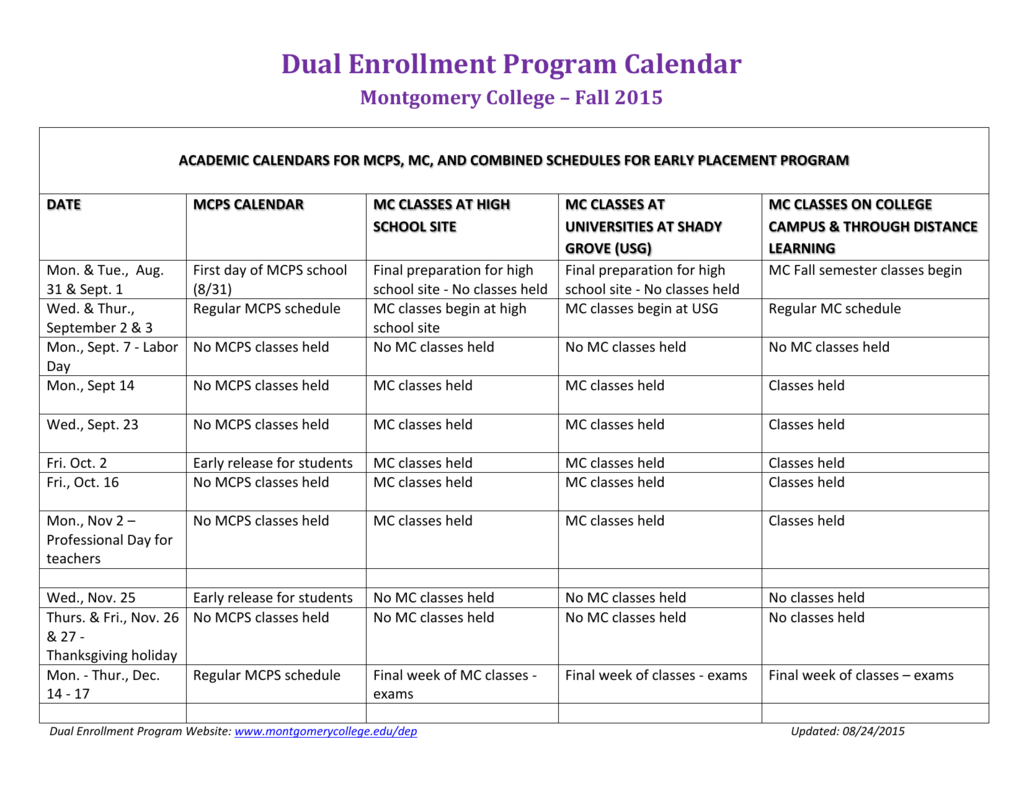 Montgomery College Calendar 2022 Dual Enrollment Program Calendar
