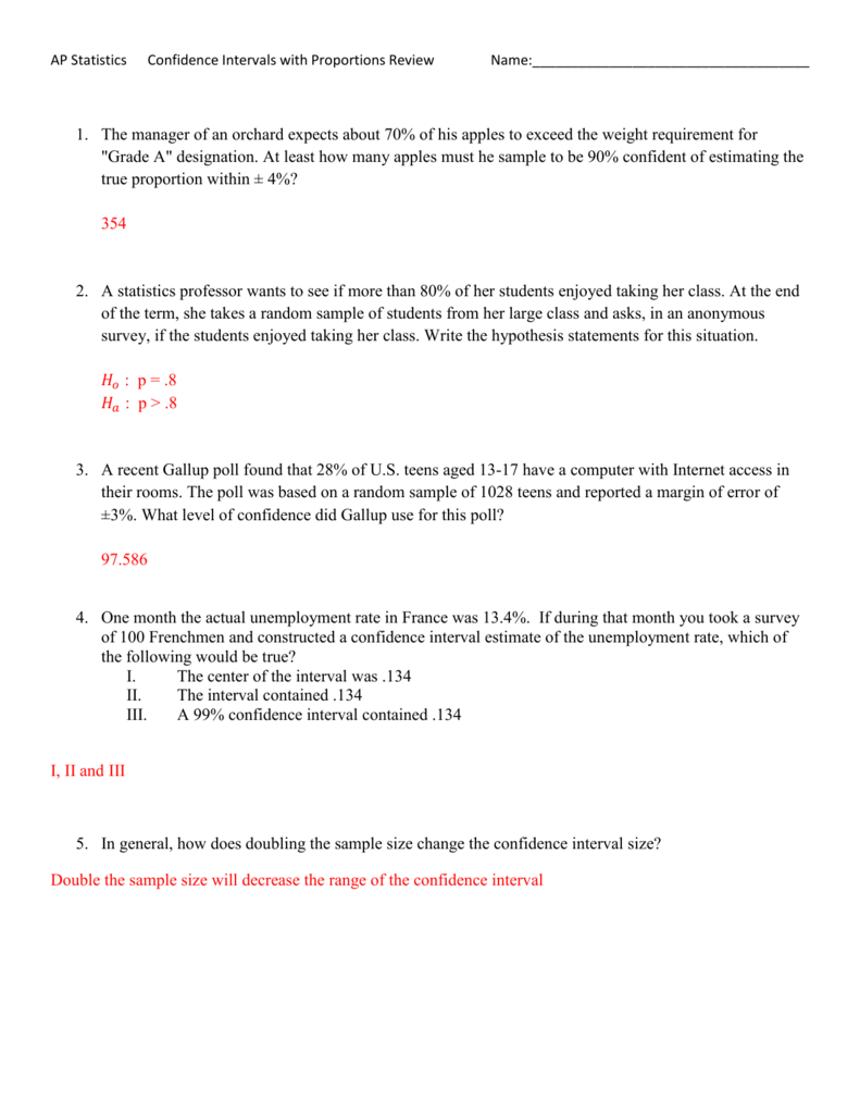 AP Statistics Confidence Intervals with Proportions Review Name