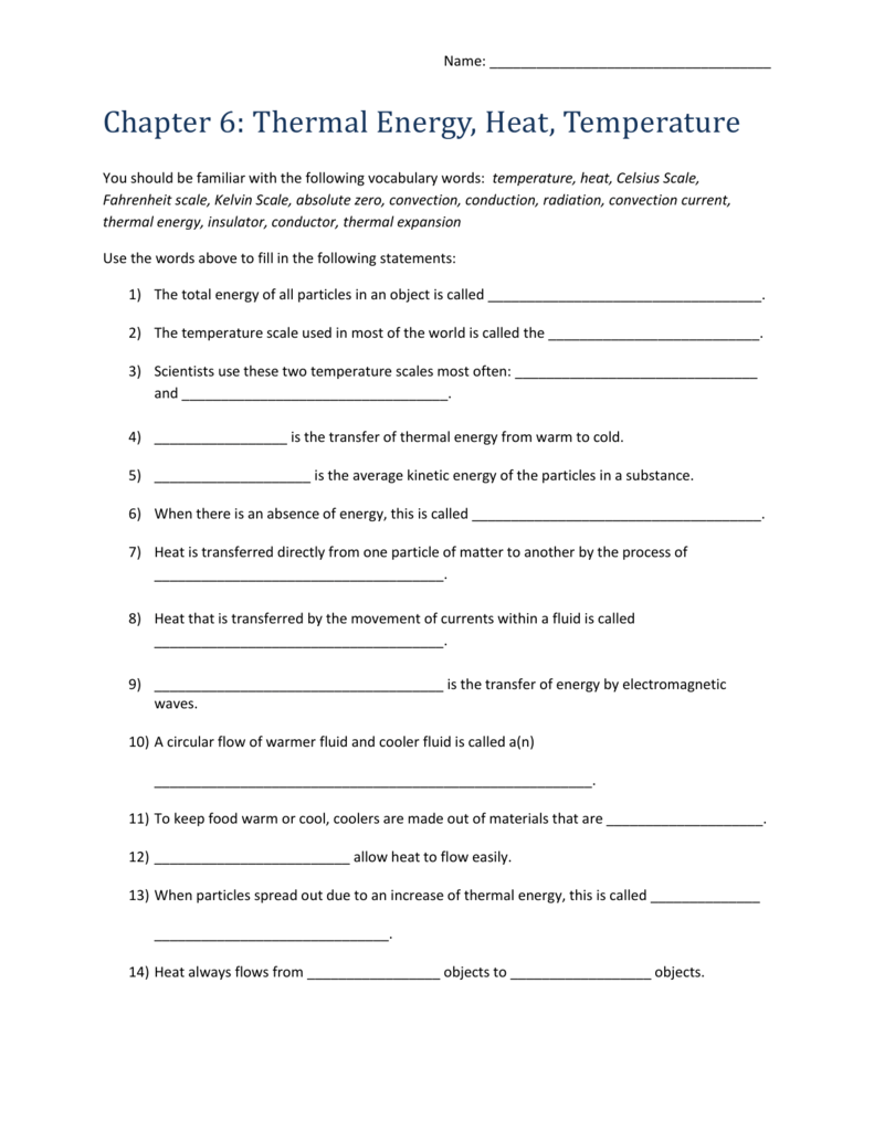 Name: Chapter 11: Thermal Energy, Heat, Temperature You should Regarding Heat And Temperature Worksheet