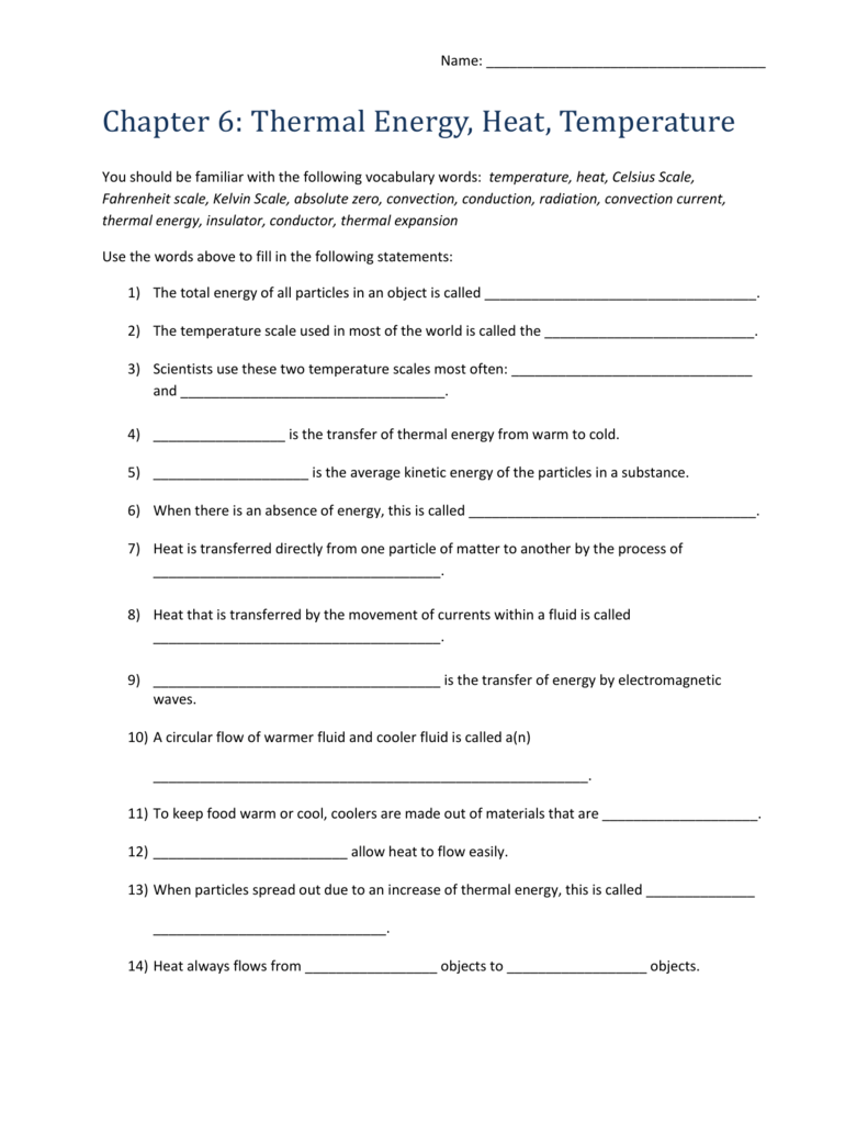 Name: Chapter 22: Thermal Energy, Heat, Temperature You should Intended For Heat And Temperature Worksheet