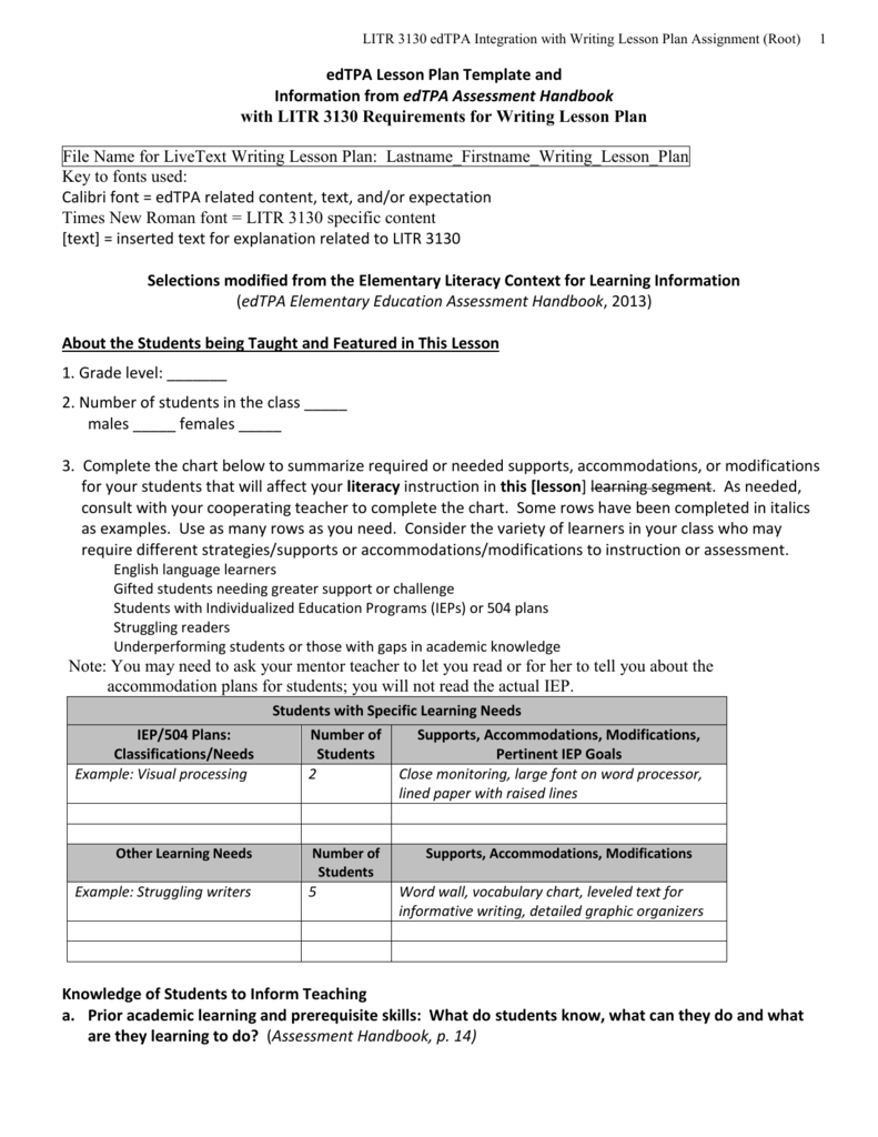 LITR 3130 EdTPA Integration With Writing Lesson Plan Assignment