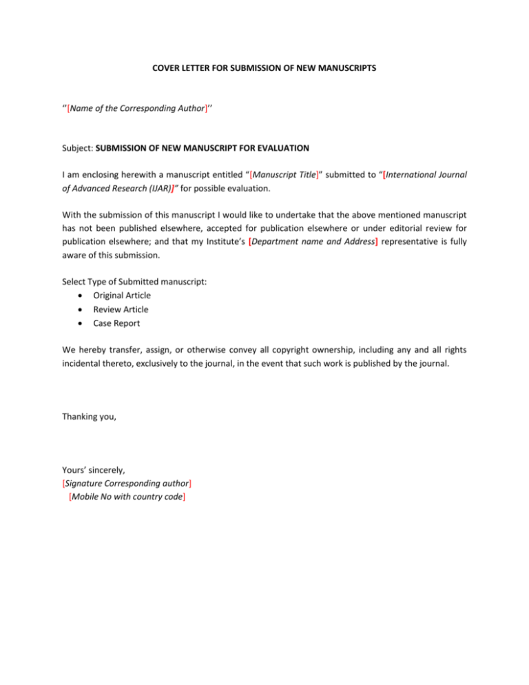 sample manuscript cover letter for submission