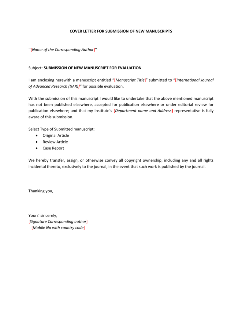 Cover letter for journal article submission example July 2020