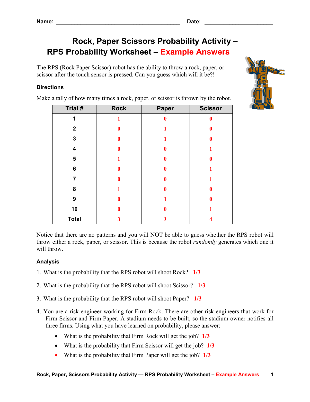 RPS Probability Worksheet – Example Answers Pertaining To Probability Worksheet With Answers