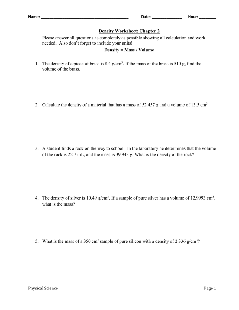 Mass Volume Density Worksheet Answers - Promotiontablecovers With Regard To Density Worksheet Middle School