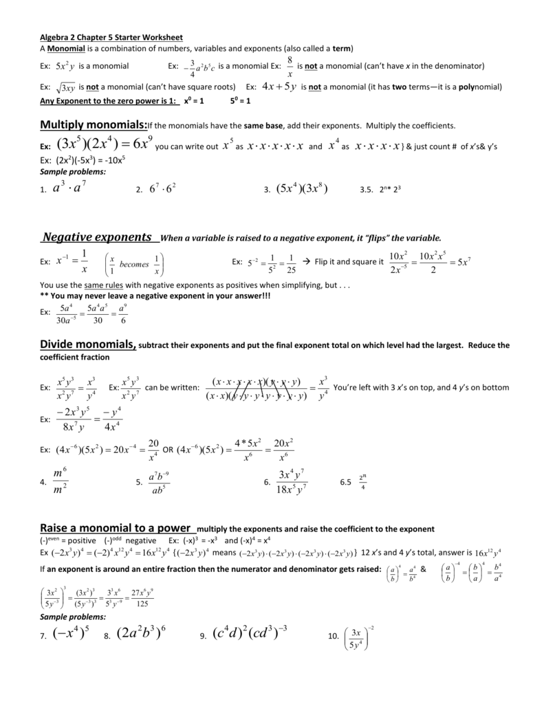 Algebra 22 Chapter 22 Starter Worksheet Regarding Multiplying Monomials Worksheet Answers