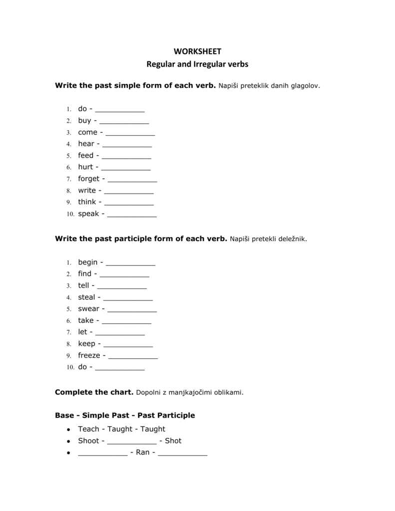 Irregular Verbs Chart Worksheet