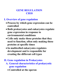 GENE REGULATION CH18 I. Overview of gene regulation Process
