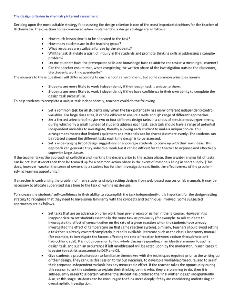 The Design Criterion In Chemistry Internal Assessment