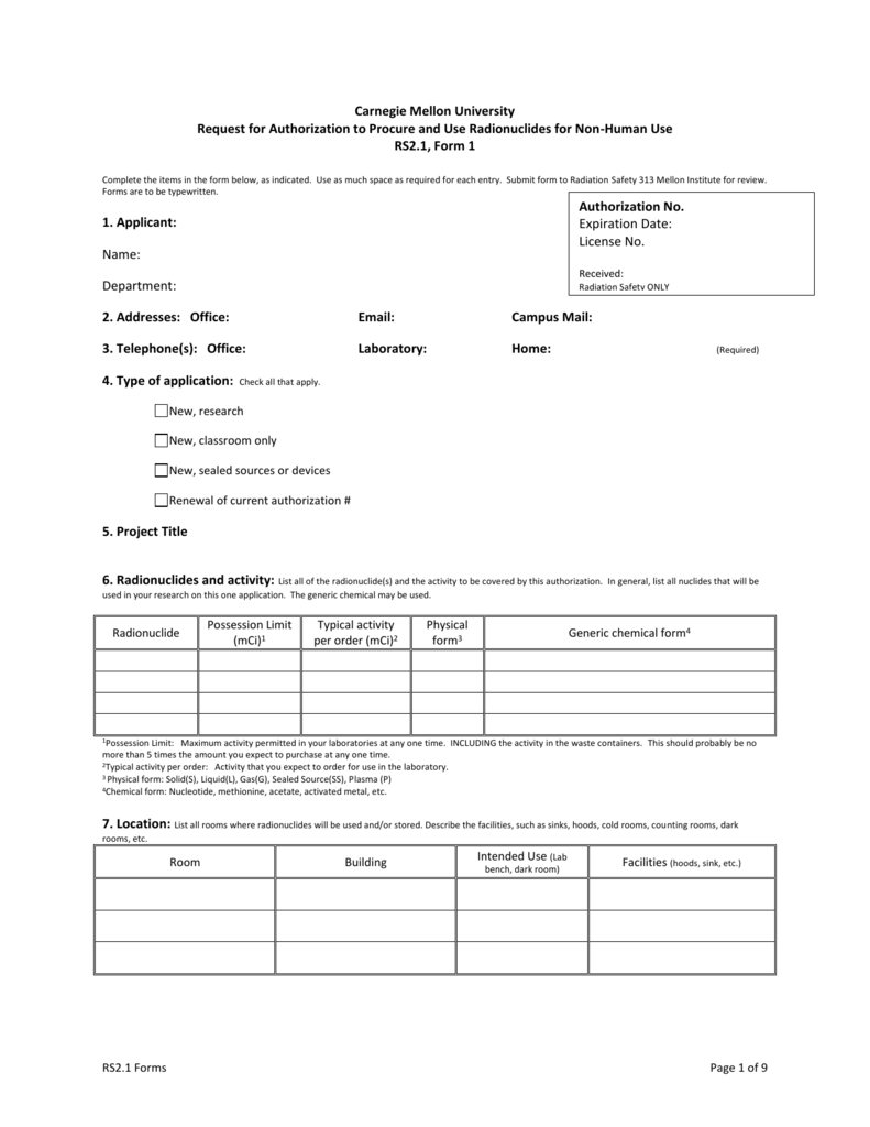 Request For Radionuclide Authorization
