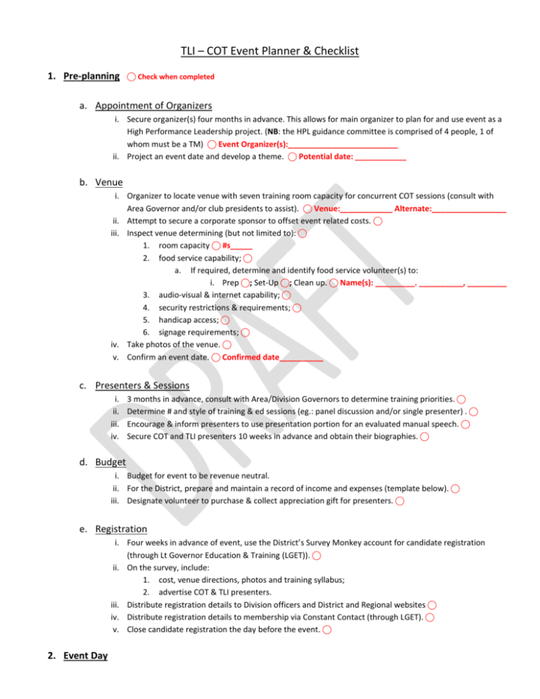 TLICOT Event Planner Checklist