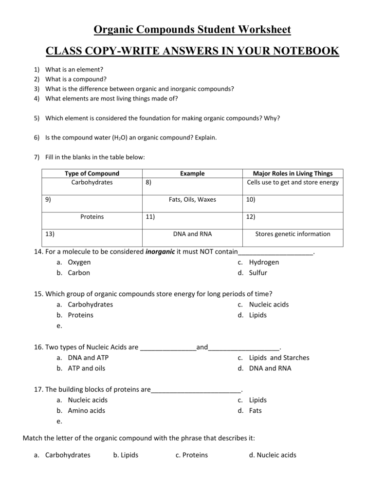 Organic Compounds WS With Organic Compounds Worksheet Answers