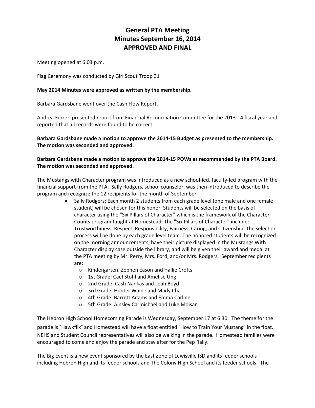 General PTA Meeting Minutes September 16 2014 APPROVED