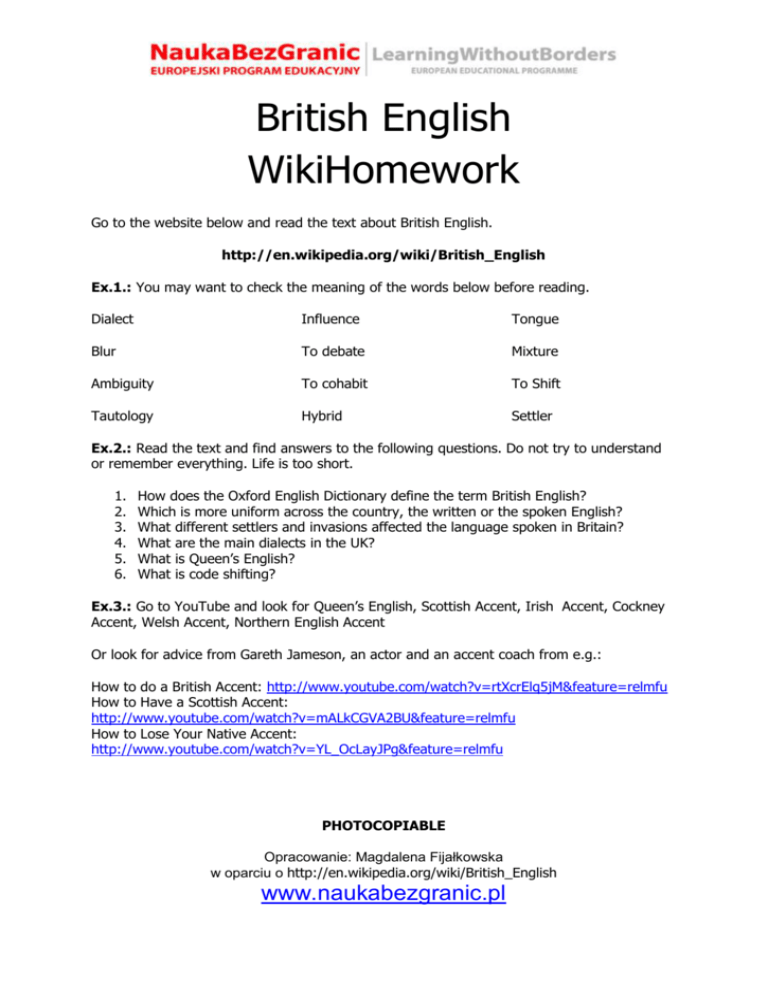 British English WikiHomework Worksheet