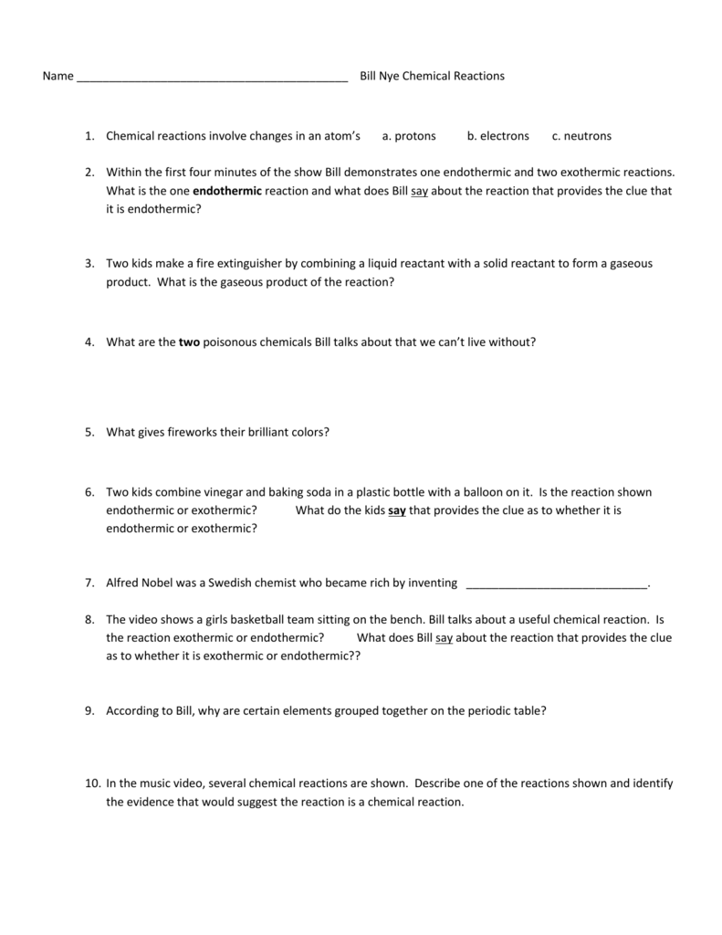 Bill Nye Chemical Reactions Intended For Bill Nye Chemical Reactions Worksheet