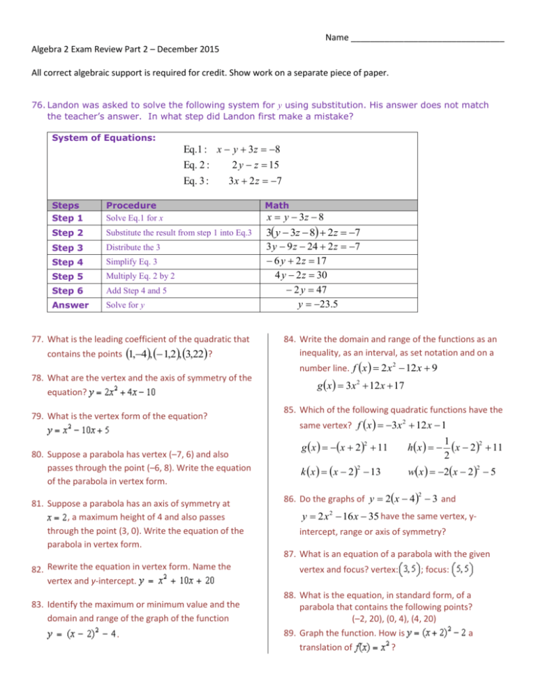 Name Algebra 2 Exam Review Part 2 December 15 All Correct