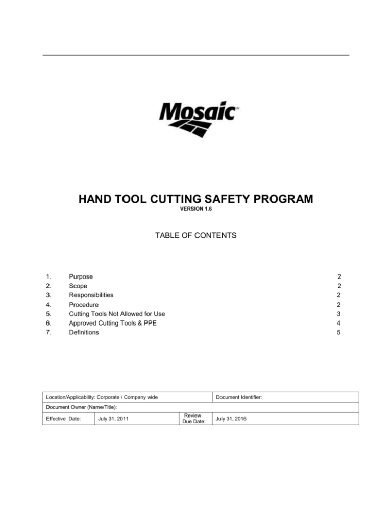 Hand tool CUTTING SAFETY PROGRAM