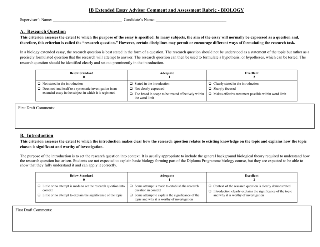 biology extended essay rubric