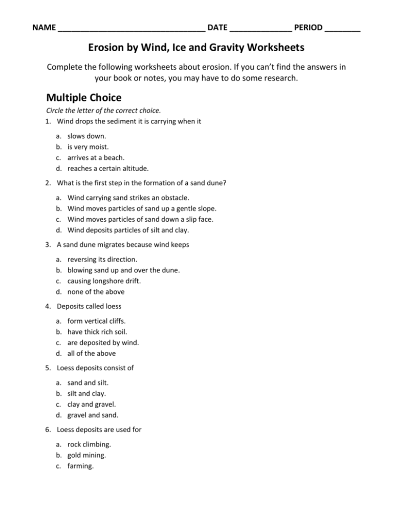 Multiple Choice Worksheet About Erosion