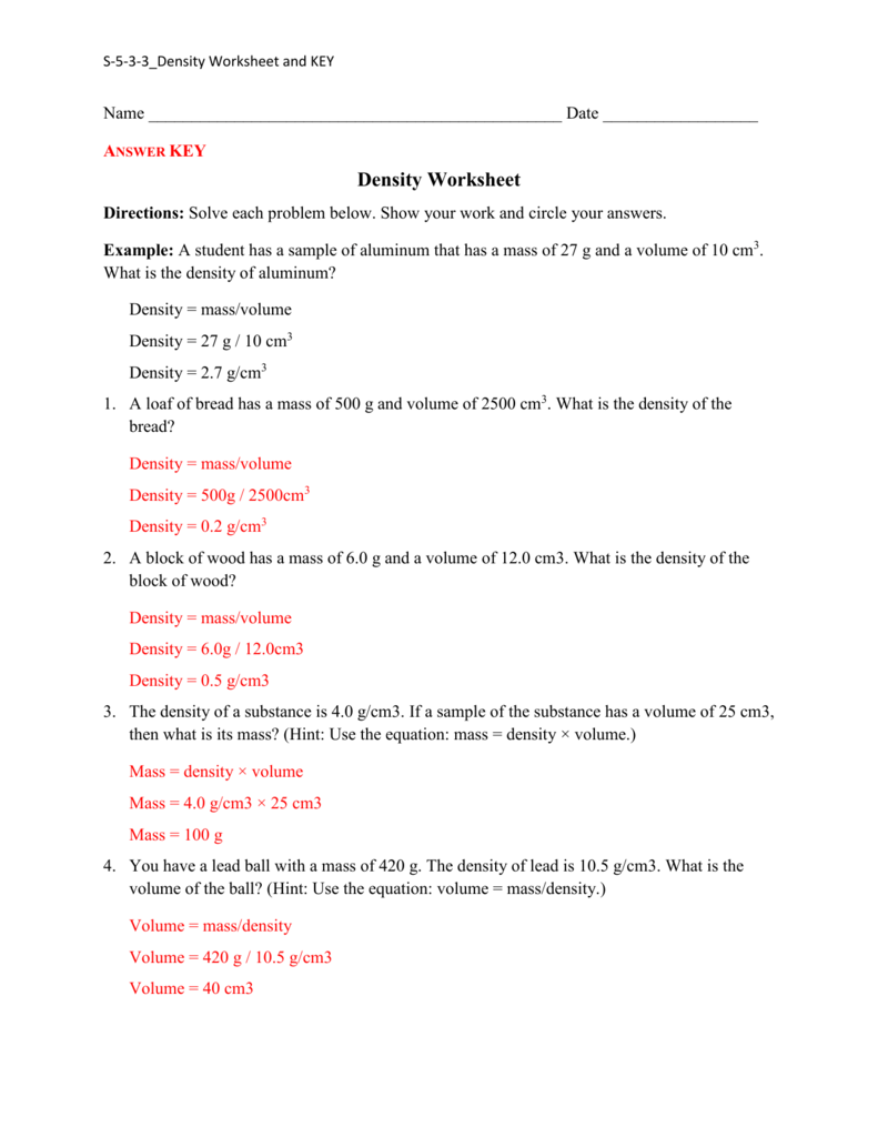 Density Worksheet Answer Key Chemistry