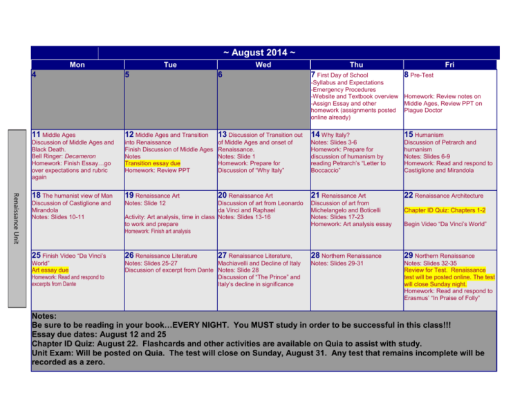 August Calendar 2014 Barren County Schools
