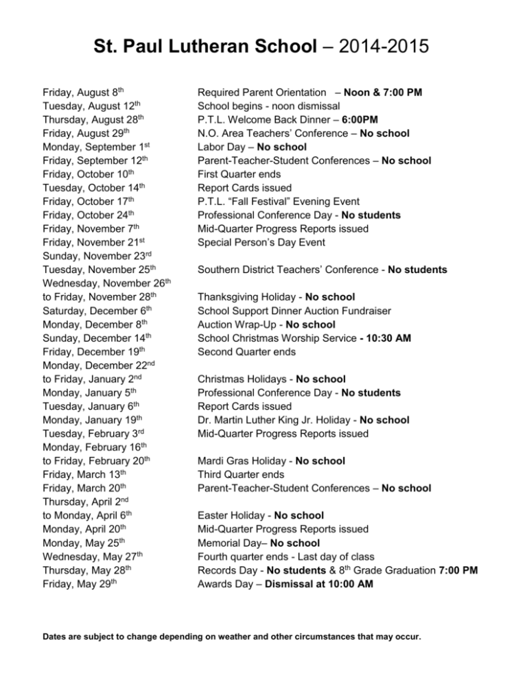 School Calendar St Paul Lutheran School