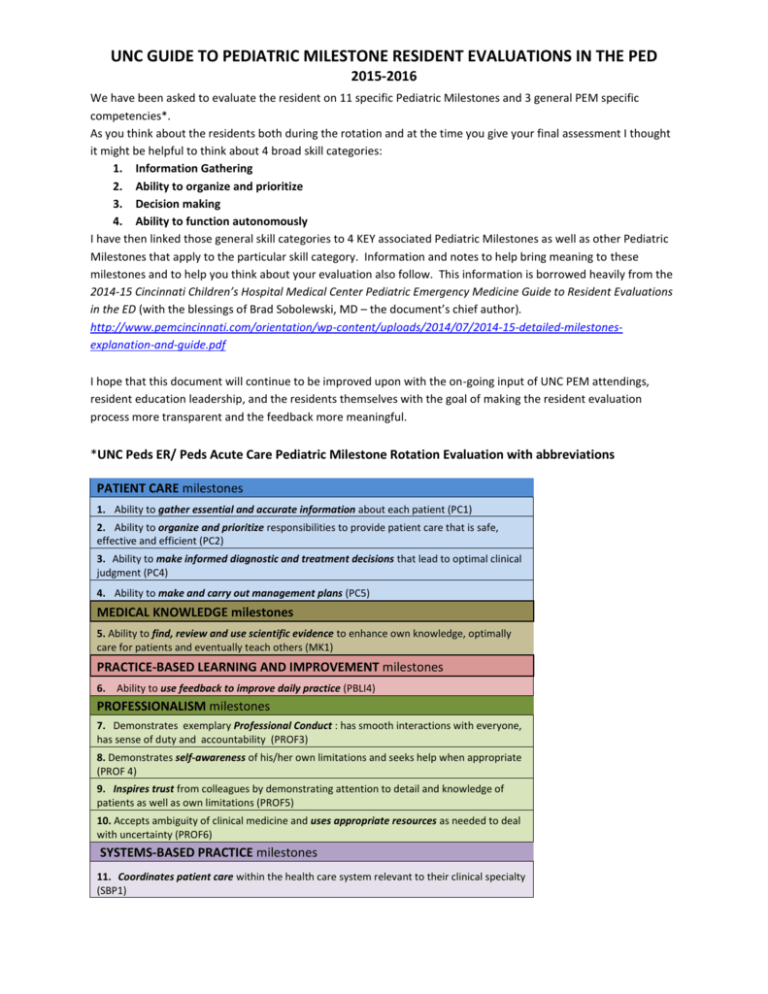 unc guide to pediatric milestone resident evaluations in the ped