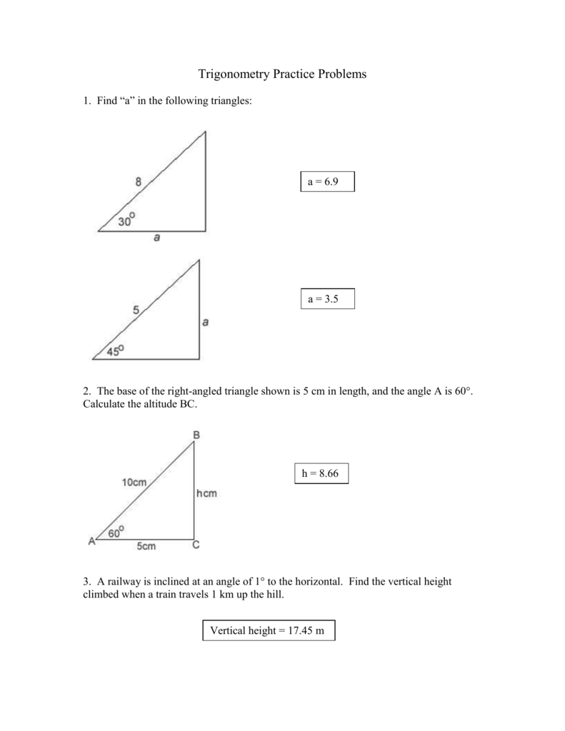 Trigonometry Practice Problems With Trigonometry Word Problems Worksheet