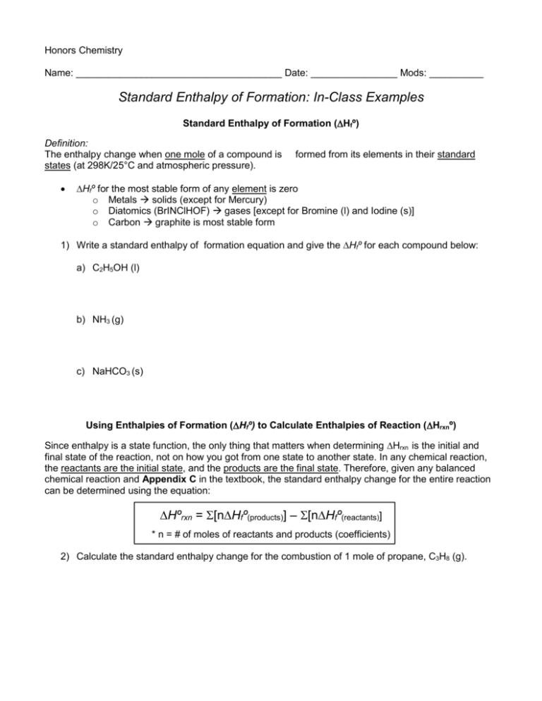 Standard Enthalpy Of Formation Dh F º