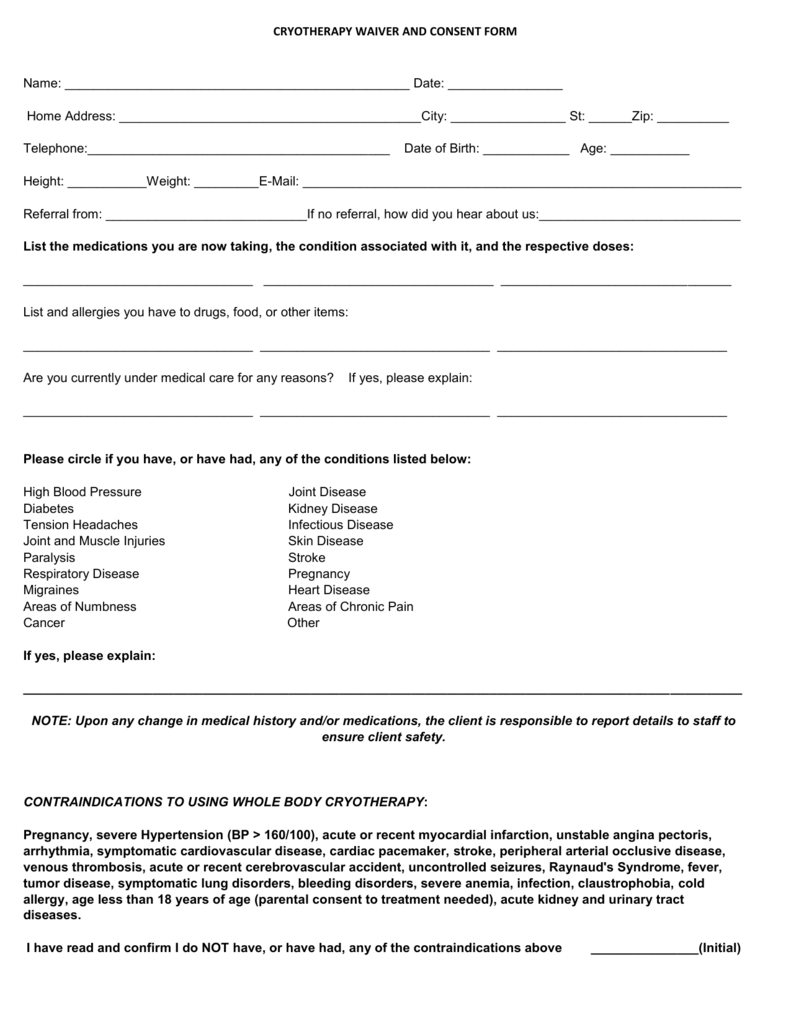 CRYOTHERAPY WAIVER AND CONSENT FORM  Name Date