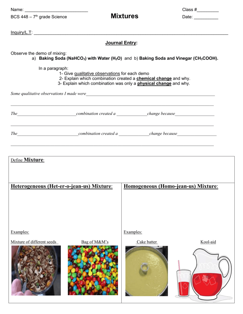 Mixture Notes 7thgradesciencebcs