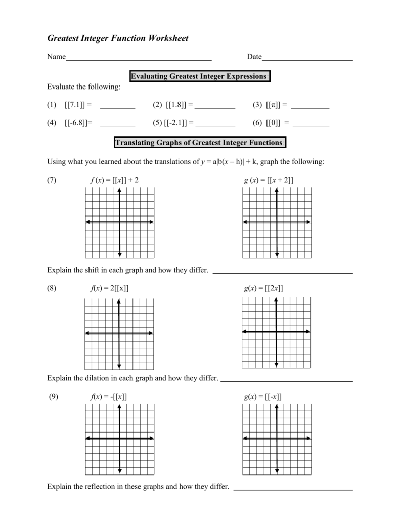 Greatest Integer Function Worksheet with Answers Within Graphing Piecewise Functions Worksheet