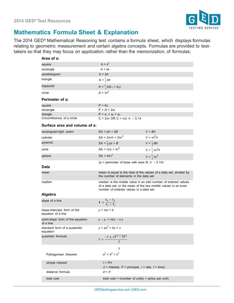 Mathematics Formula Sheet Explanation