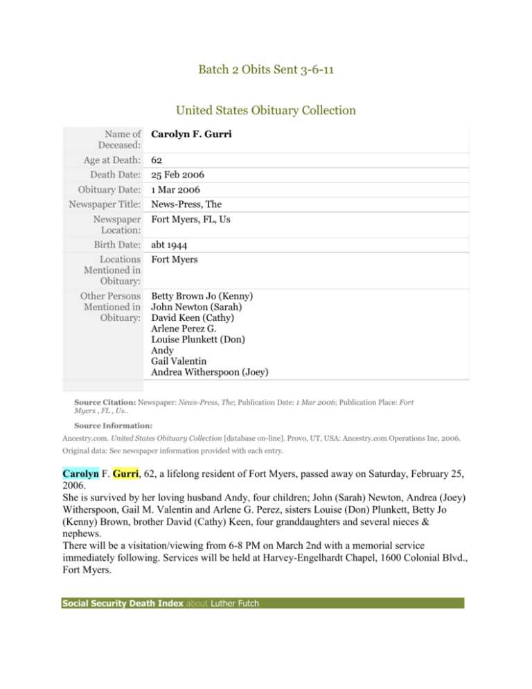 Batch 2 Obits Sent 3 - RootsWeb
