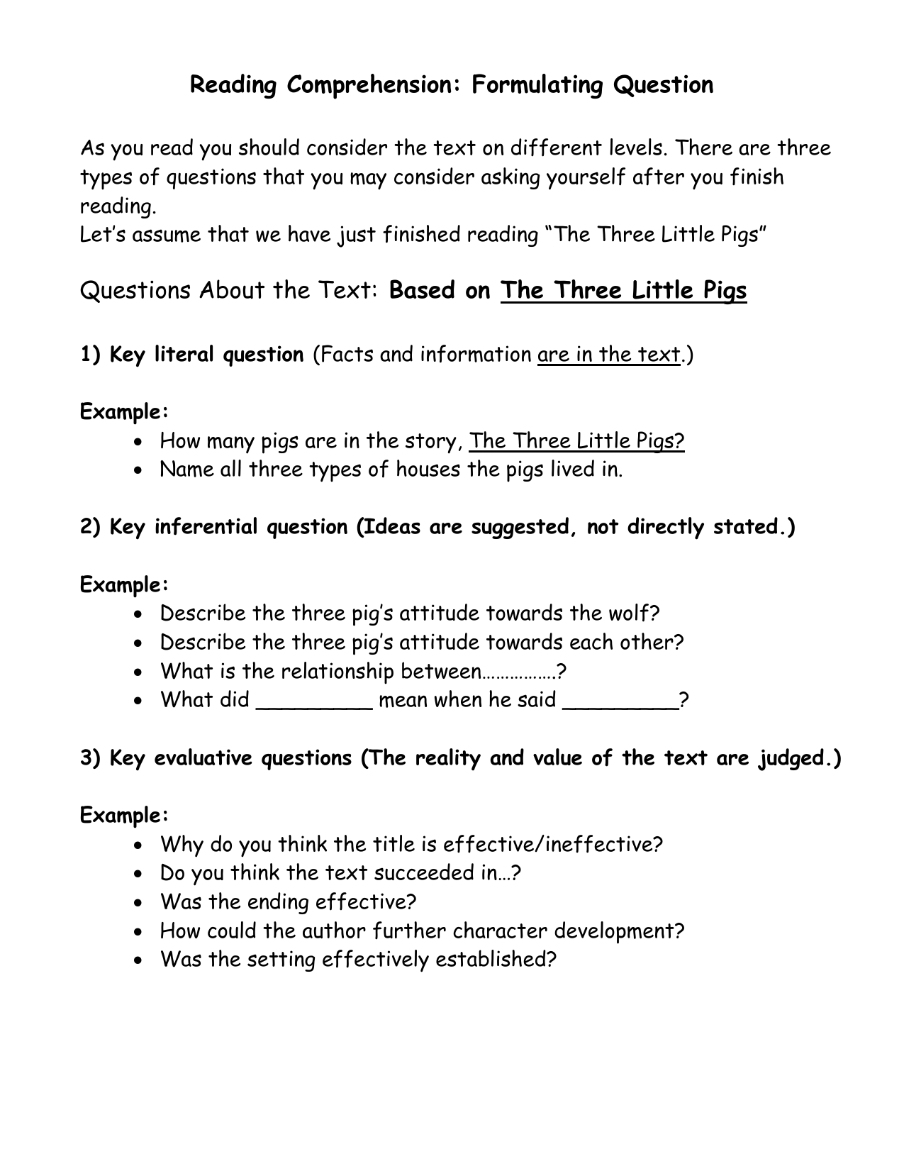 Reading Comprehension Three Levels Of Questioning