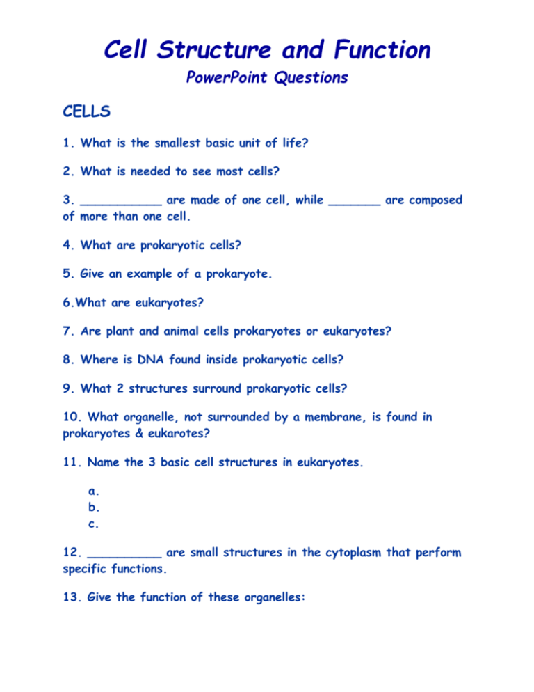 Cell Structure and Function PowerPoint Questions CELLS 1. What is