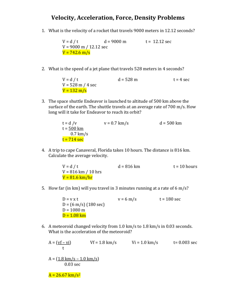 Velocity Acceleration Force Density Problems