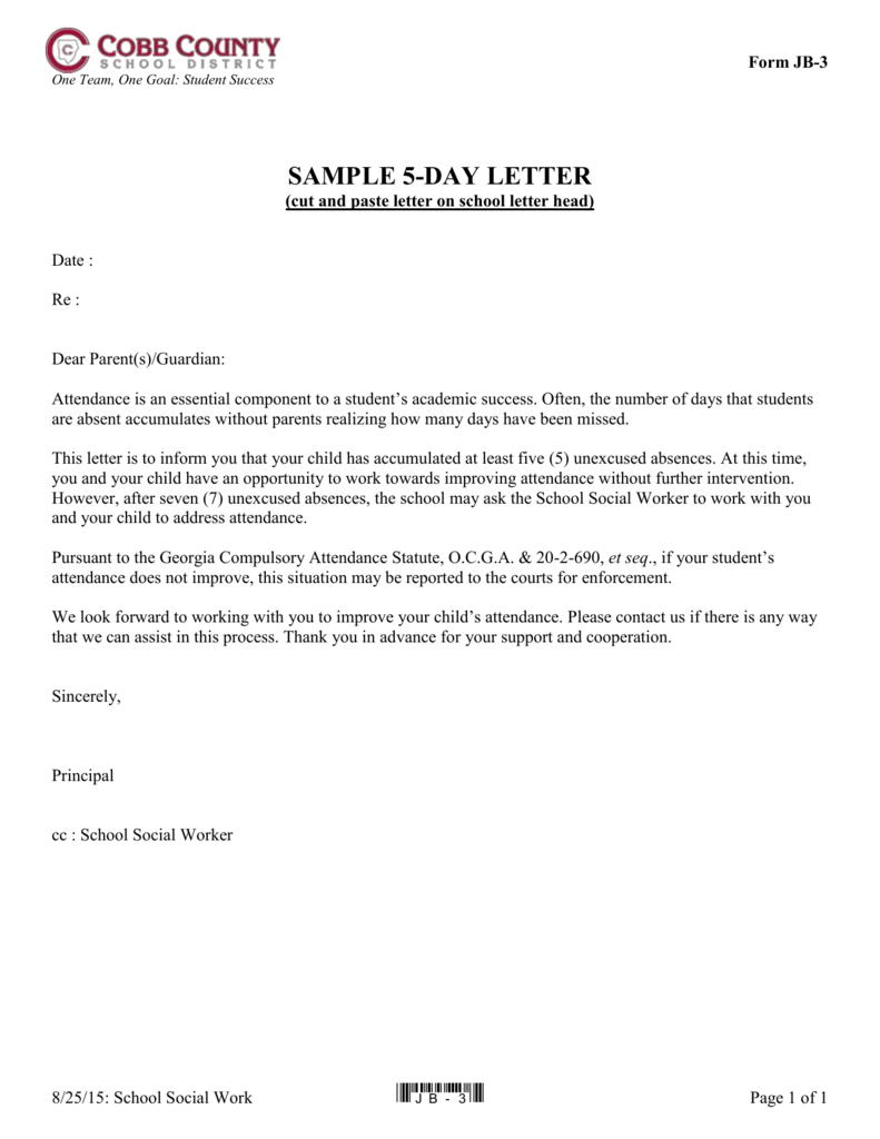 Sample 23-Day Letter - Cobb County School District Pertaining To Parent Note To School Template