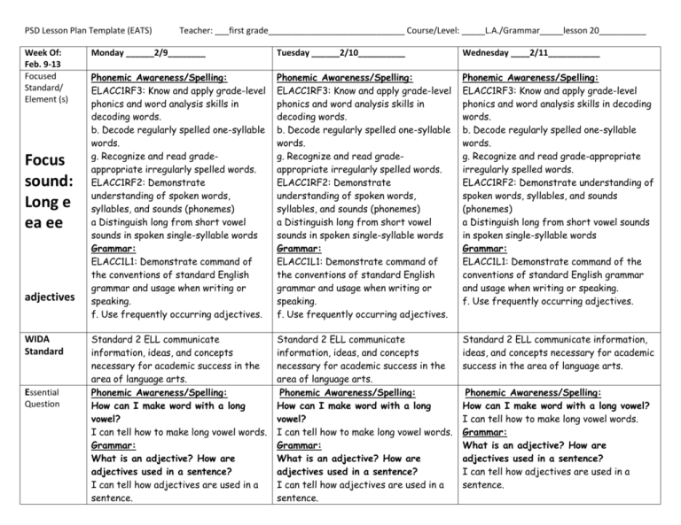 PSD Lesson Plan Template EATS 