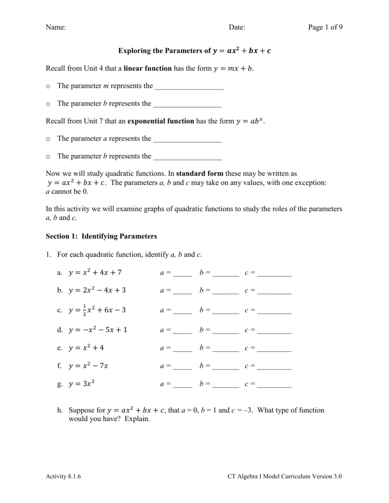 Activity 8 1 6 Exploring The Parameters Of Y Ax 2 Bx C