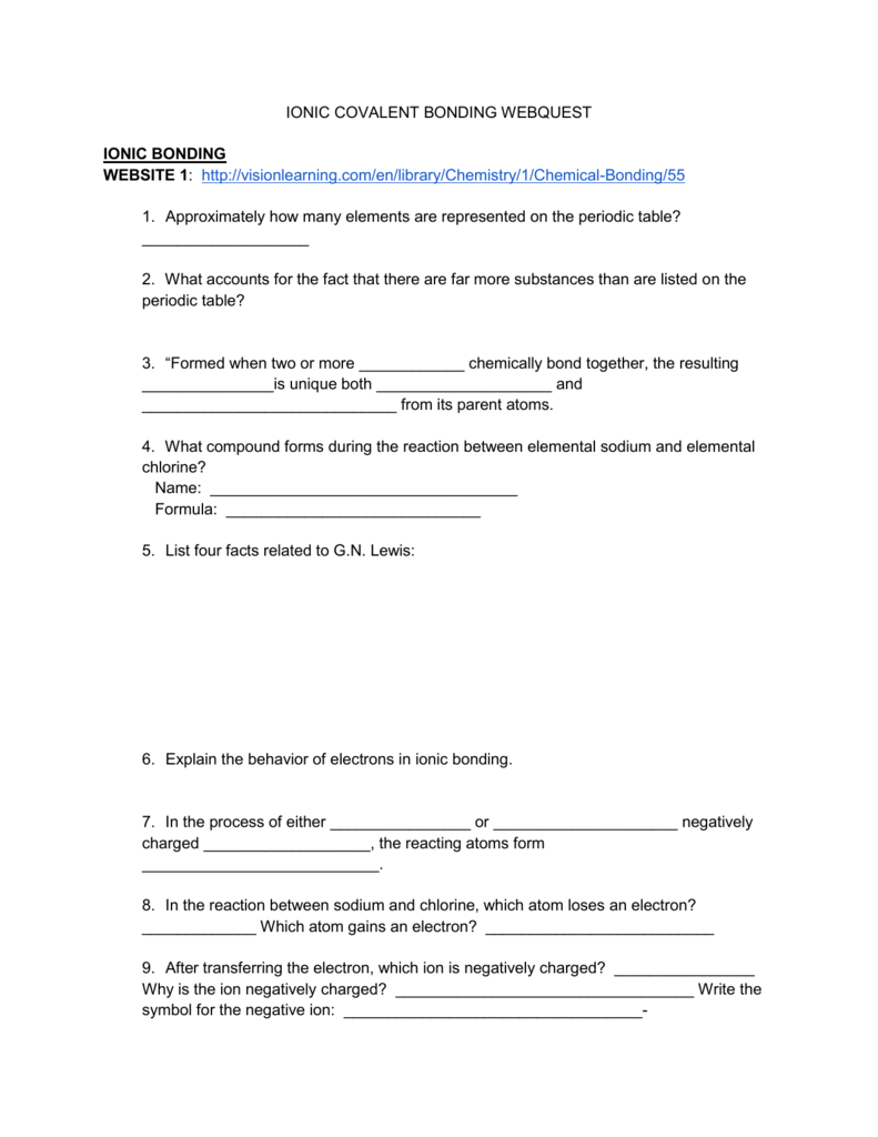 Ionic Covalent Bonding Webquest