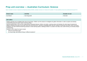 Prep unit overview * Australian Curriculum: Science