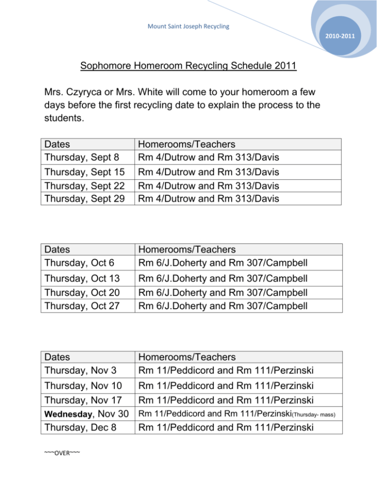 Recycling Schedule Mount St Joseph High School Teachers Web