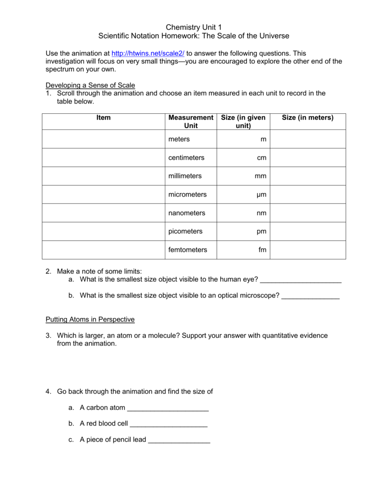 Chemistry Unit 11 Scientific Notation Homework: The Scale of the In Scientific Notation Worksheet Chemistry