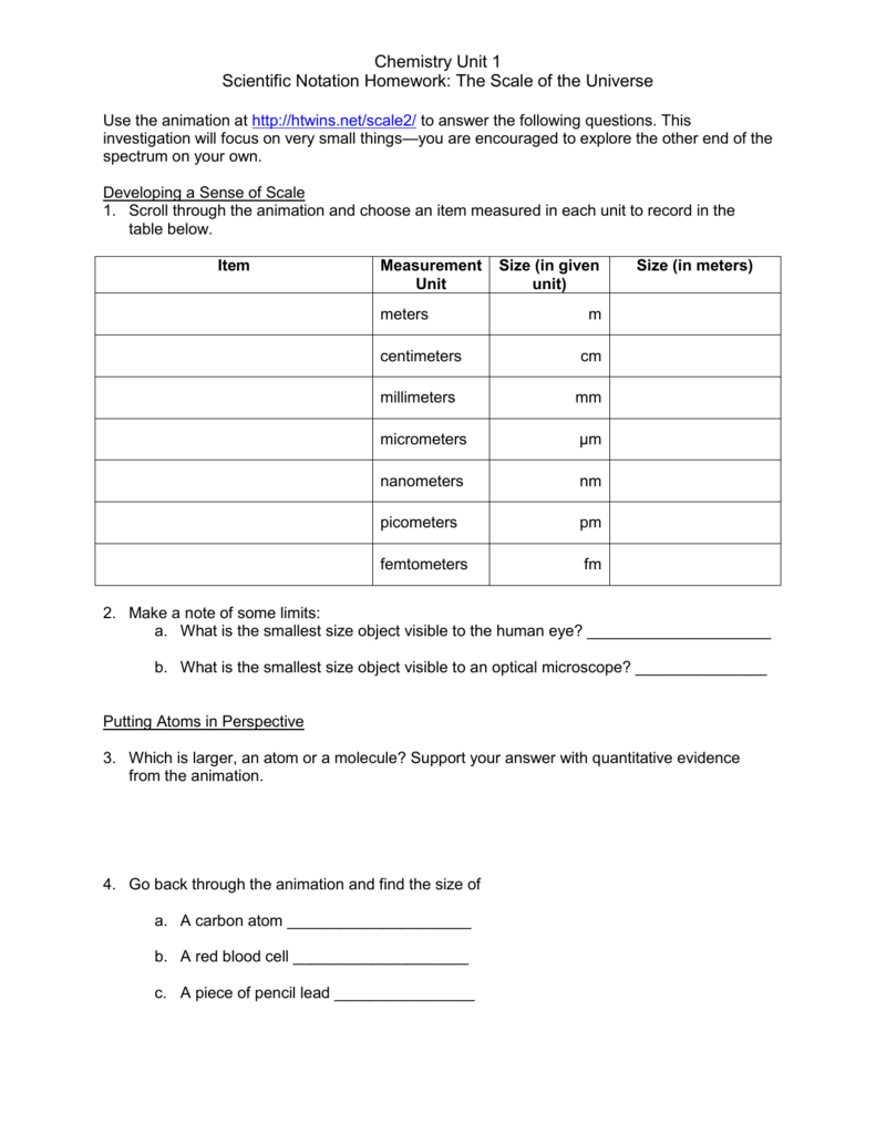 Chemistry Unit 21 Scientific Notation Homework: The Scale of the Inside Scientific Notation Worksheet Chemistry