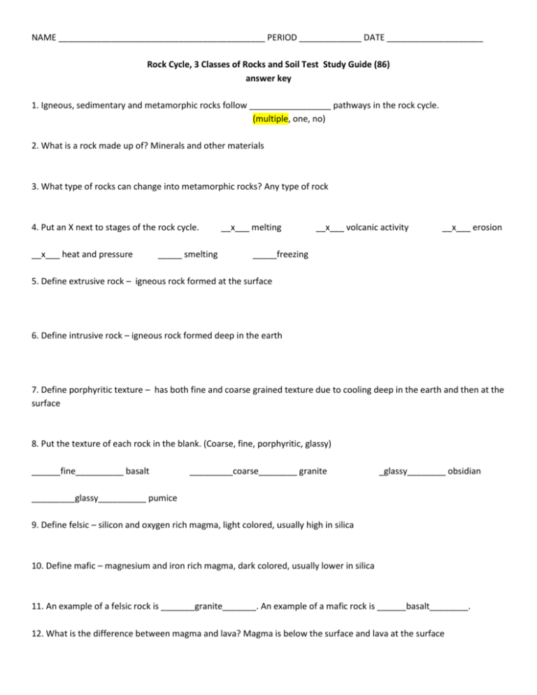 Rock Cycle Study Guide Answer Key